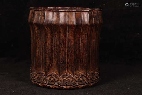 A Chinese Red Sandalwood Carved Brush Pot