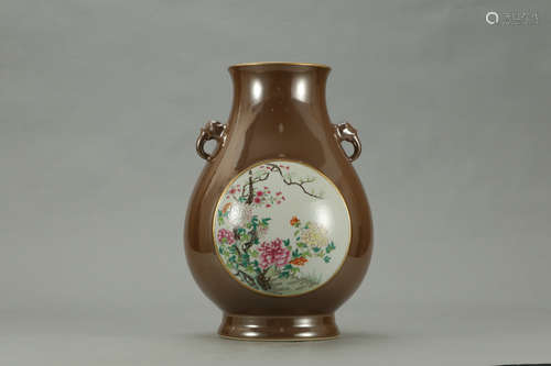 A Chinese Famille Rose Floral Porcelain Double Ears Zun