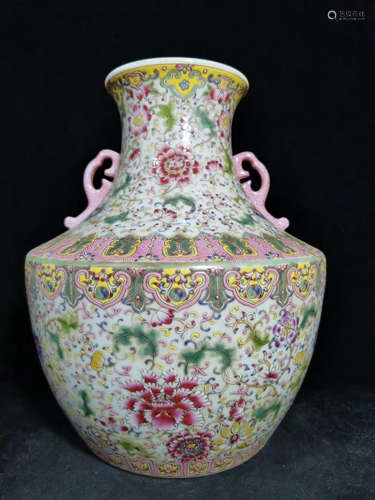 A Chinese Famille Rose Floral Porcelain Double Ears Vase