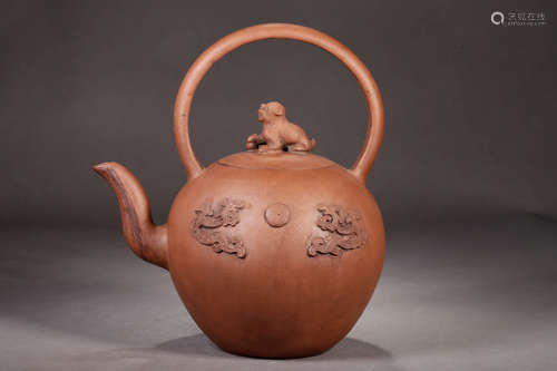 A Chinese Dragon Pattern Purple Sand Handled Pot