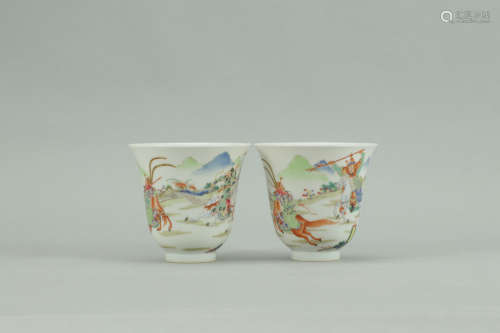 A Pair of Chinese Famille Rose Figure Painted Porcelain Cups