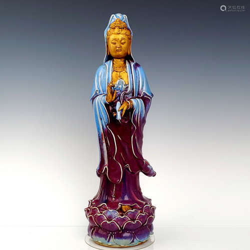 A Chinese Jun Kiln Porcelain Guanyin Statue