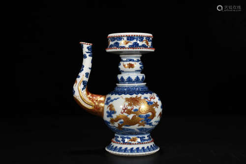 A Chinese Blue and White Iron Red Dragon Pattern Porcelain Benba Pot