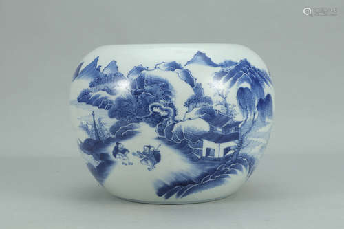 A Chinese Blue and White Landscape Porcelain Washer Pot