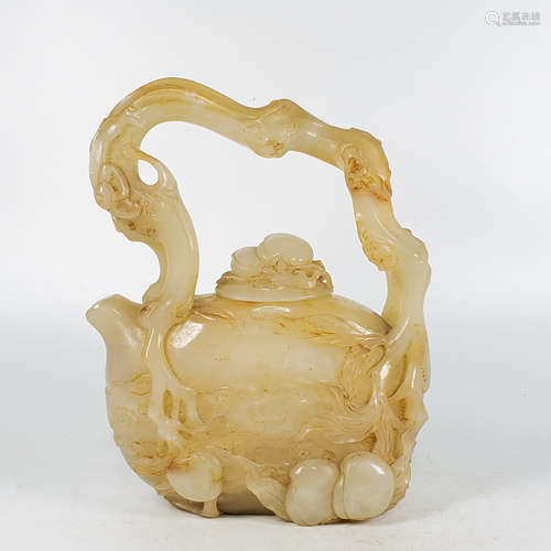 A Chinese Carved Hetian Jade Handled Pot