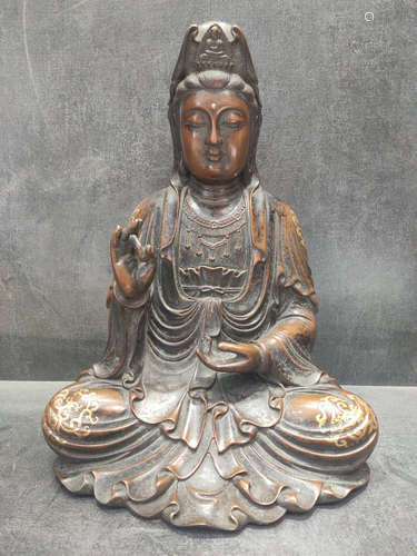 A Chinese Gilded Red Copper Guanyin Statue