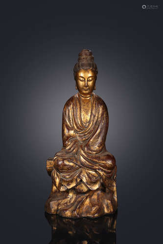 A Chinese Gild  Camphorwood Zizai Guanyin Statue