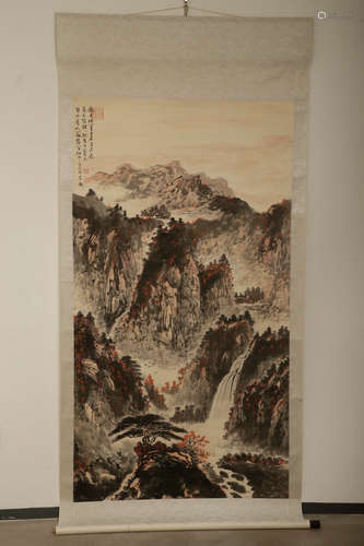 A Chinese Landscape Painting Scroll, He Xiangning Mark