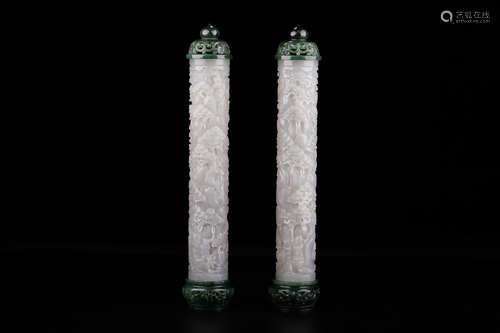 A Pair of Chinese White Hetian Jade Carved Incense tube