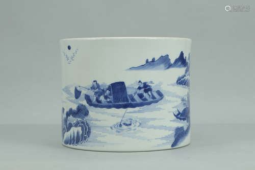 A Chinese Blue and White Figure Painted Porcelain  Brush Pot