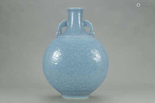 A Chinese Blue Glazed Dragon carved Porcelain Vase Oblate Vase