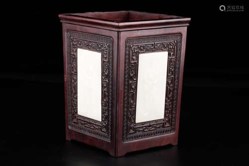 A Chinese Hetian Jade Inlaid Rosewood Square Brush pot