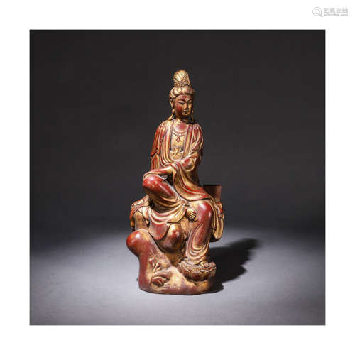 A Chinese Red Gold Laquer Statue of Zizai Guanyin