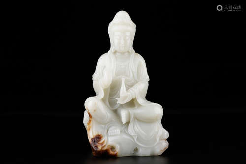 A Chinese White Hetian Jade Carved Guanyin Statue