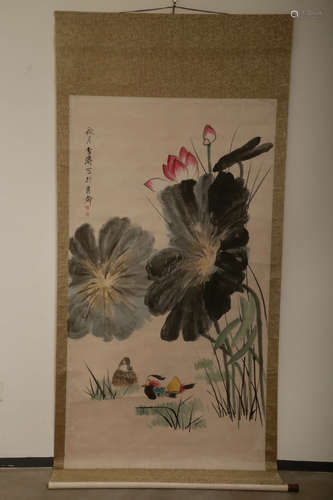 A Chinese Lotus Pond Painting Scroll, Wang Xuetao Mark