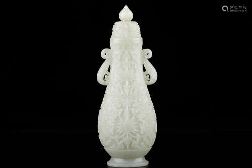 A Chinese White Hetian Jade Carved Vase with Cover