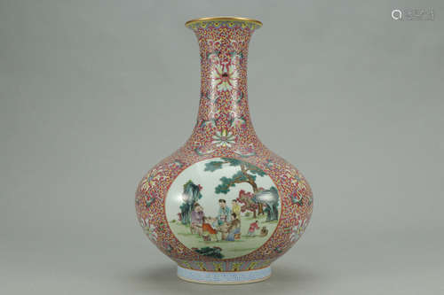 A Chinese Red Glazed Famille Rose Figure Painted Porcelain Vase