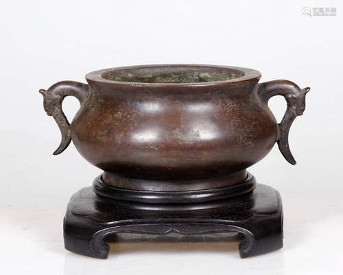 A Chinese Dragon Ears Copper Incense Burner with Rosewood Base