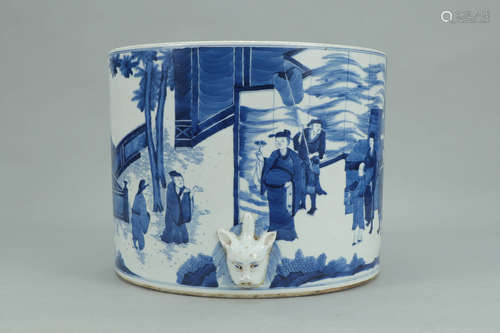 A Chinese Blue and White Figure Painted Porcelain  Brush Pot