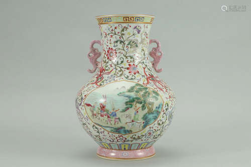 A Chinese Famille Rose Figure Painted Porcelain Double Ears Vase