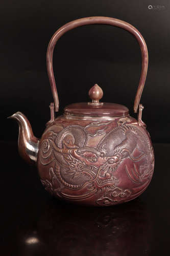 A Chinese Dragon Pattern Silver Pot with Loop-handle