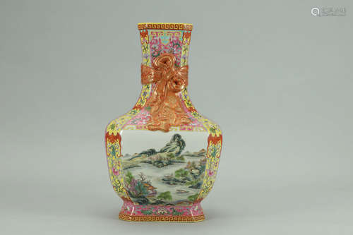 A Chinese Famille Rose Landscape Porcelain Square Vase