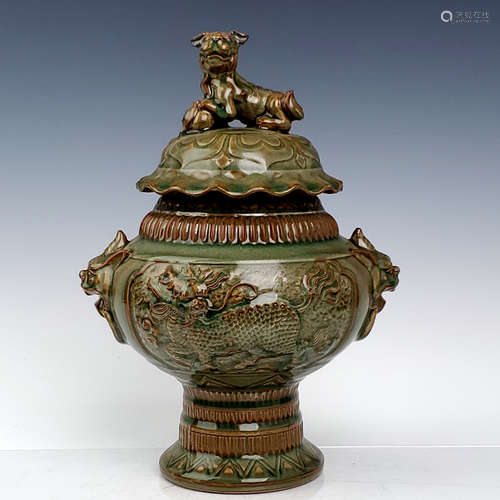 A Chinese Longquan Kiln Porcelain Kylin Carved Incense Burner