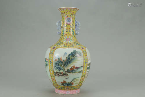 A Chinese Yellow Famille Rose Landscspe Porcelain Double Ears Vase