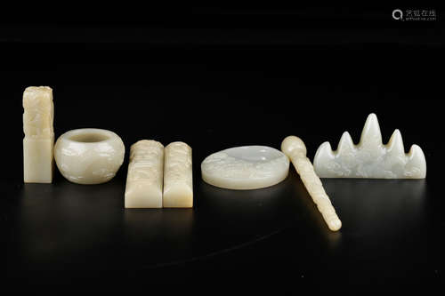 A Set Chinese White Hetian Jade Stationery Accessories