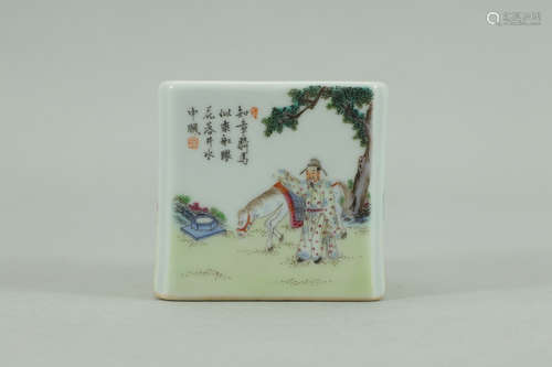 A Chinese Famille Rose Figure Painted Porcelain Square Brush Pot