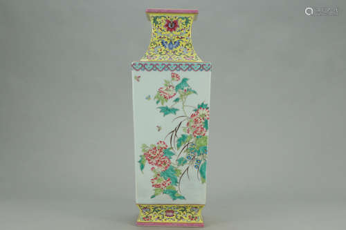 A Chinese Yellow Famille Rose Floral Porcelain Square vase