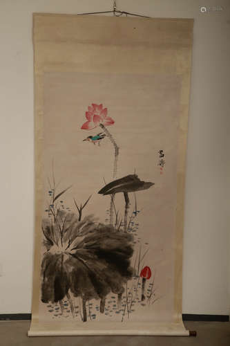 A Chinese Lotus Painting Scroll, Wang Xuetao Mark