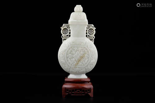 A Chinese White Hetian Jade Floral Carved Vase with Cover