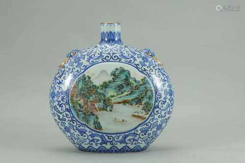 A Chinese Famille Rose Landscape Painted Porcelain Oblate Vase