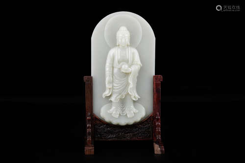 A Chinese White Hetian Jade Sakyamuni Carved Table Screen