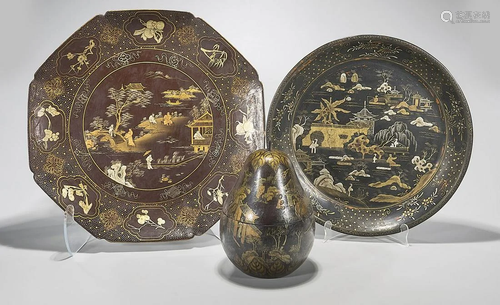 Group of Three Chinese Painted Wood Pieces