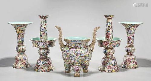 Elaborate Chinese Five-Piece Enameled Porcelain