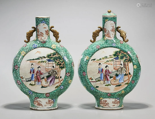 Two Chinese Enameled Porcelain Moon Flasks