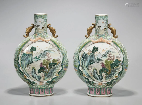 Pair Chinese Enameled Porcelain Moonflasks