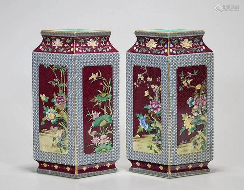 Pair Chinese Enameled Diamond-Shaped Porcelain Vases