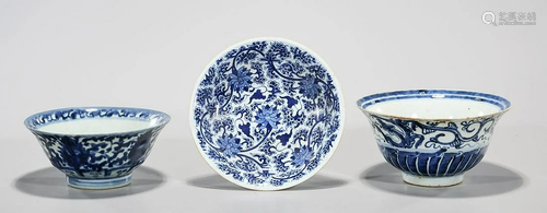 Three Chinese Blue and White Porcelain Bowls