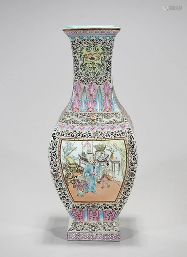 Chinese Enameled Porcelain Four-Faceted Vase