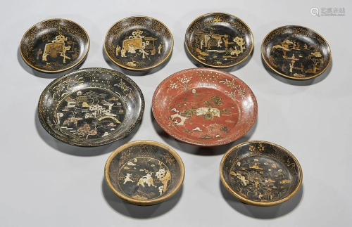 Group of Eight Chinese Decorated Lacquer Dishes