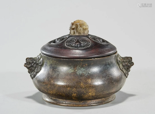 Chinese Bronze Censer with Carved Jade Finial Wood