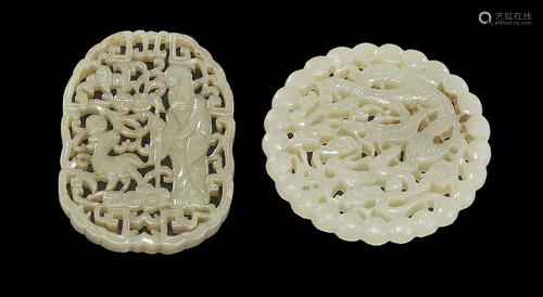 Two Chinese Carved Celadon Jade Plaques