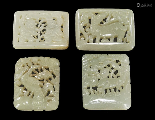 Group of Four Carved Chinese Celadon Jade Plaques