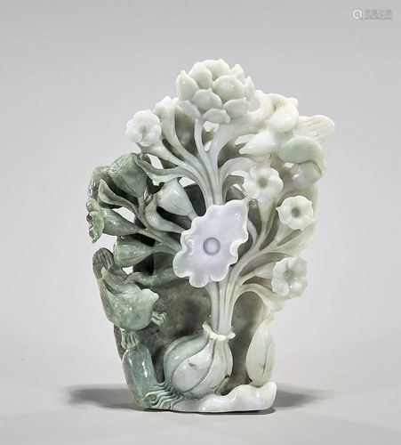 Chinese Carved Jadeite Lotus & Bird Group