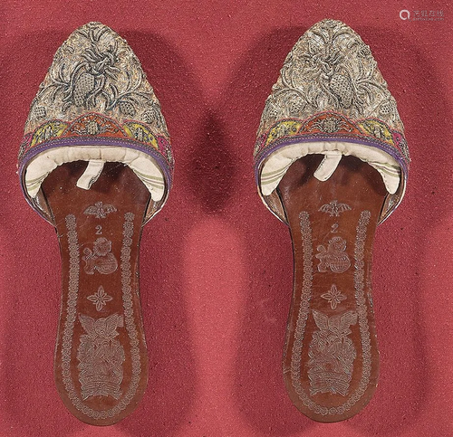 Pair Framed Antique Chinese Embroidered Slippers