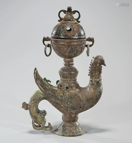 Chinese Archaistic Bronze Bird-Form Covered Ce…