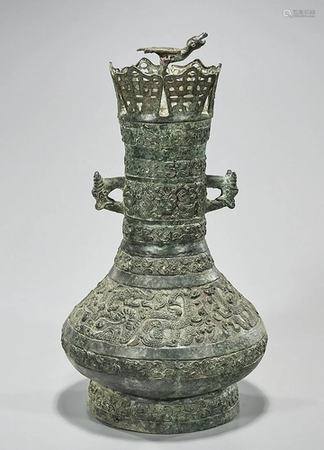 Chinese Elaborate Bronze Archaistic Covered Vase